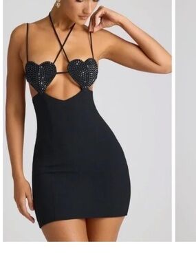 LAVINIE Embellished Heart Cup Detail Mini Dress in Black